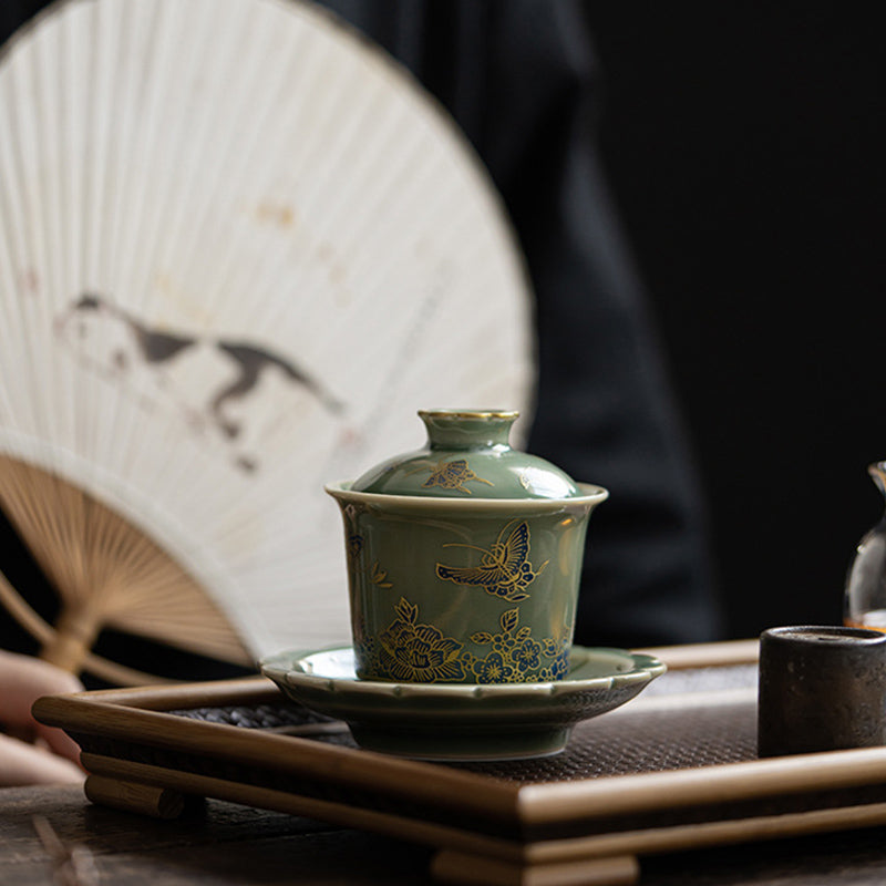 Nimara Ritual Green Porcelain Butterfly Flower Salmon Fish Ceramic Gaiwan Sancai Teacup Kung Fu Tea Cup And Saucer With Lid