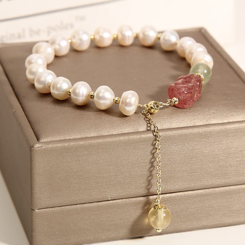 Nimara Ritual Natural Pearl Strawberry Quartz PiXiu Optimism Charm Bracelet