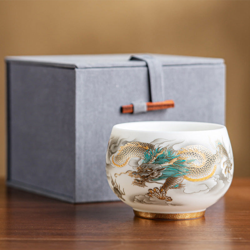 Nimara Ritual Dragon Phoenix Auspicious Clouds Ceramic Teacup Kung Fu Tea Cup With Gift Box