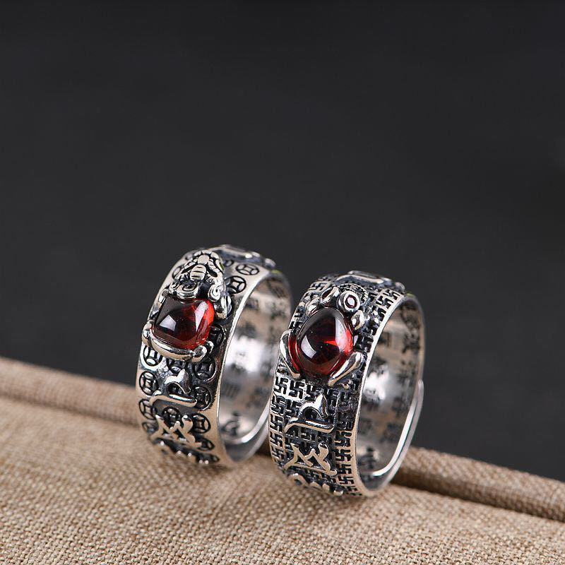 Nimara Ritual Genstone PiXiu Feng Shui Frog Vajra Dorje Heart Sutra Wealth Adjustable Ring