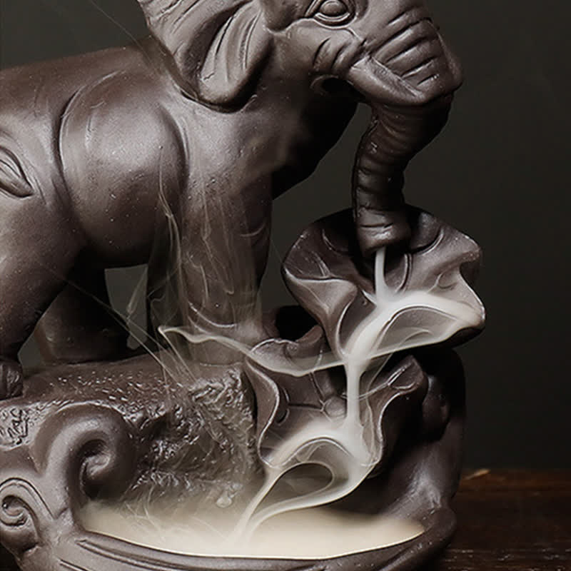 Nimara Ritual Tibetan Elephant Purple Clay Backflow Smoke Fountain Peace Healing Incense Burner Decoration