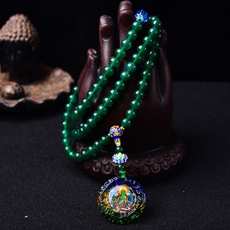 Nimara Ritual 108 Mala Beads Natural Green Agate Bodhisattva Green Tara Manifestation Charm Bracelet