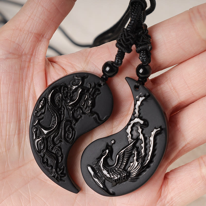Nimara Ritual Black Obsidian Yin Yang Dragon Phoenix Luck Necklace Pendant