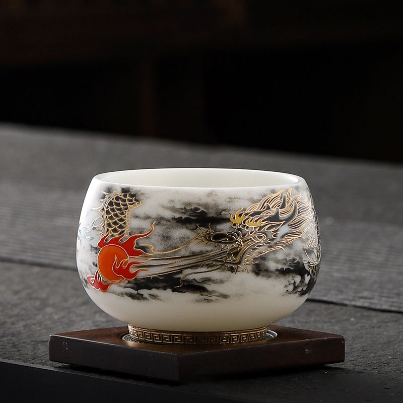 Nimara Ritual Dragon Playing With Pearl Design White Porcelain Ceramic Teacup Kung Fu Tea Cup 160ml