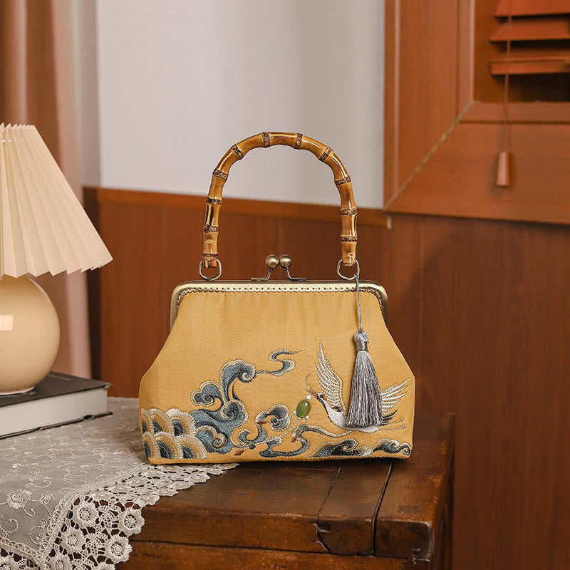 Nimara Ritual Auspicious Clouds Cranes Embroidery Bamboo Handle Handbag Crossbody Bag