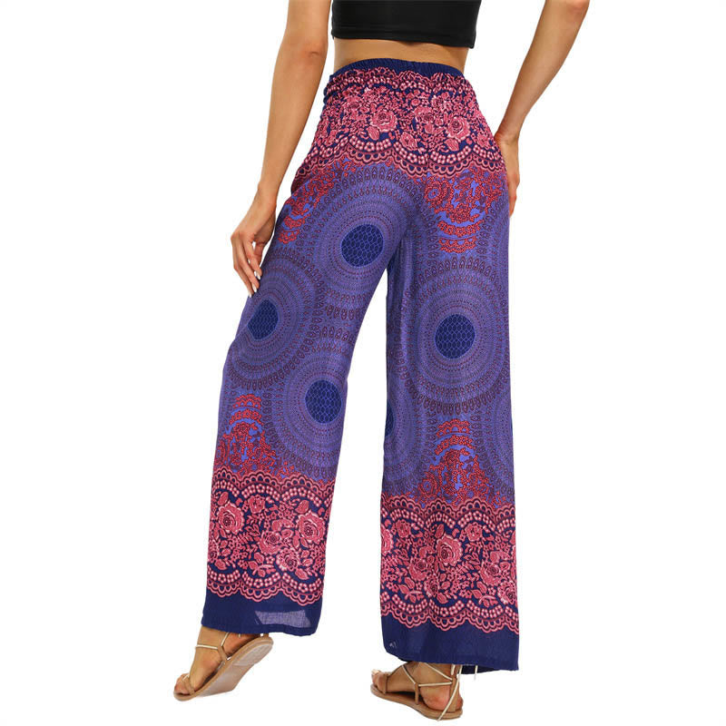 Nimara Ritual Bohemian Compass Flower Print Lace-up Wide Leg Pants Women's Yoga Pants