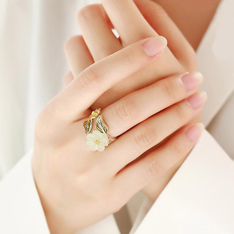 Nimara Ritual 925 Silver Plated Copper White Jade Plum Flower Leaf Luck Ring