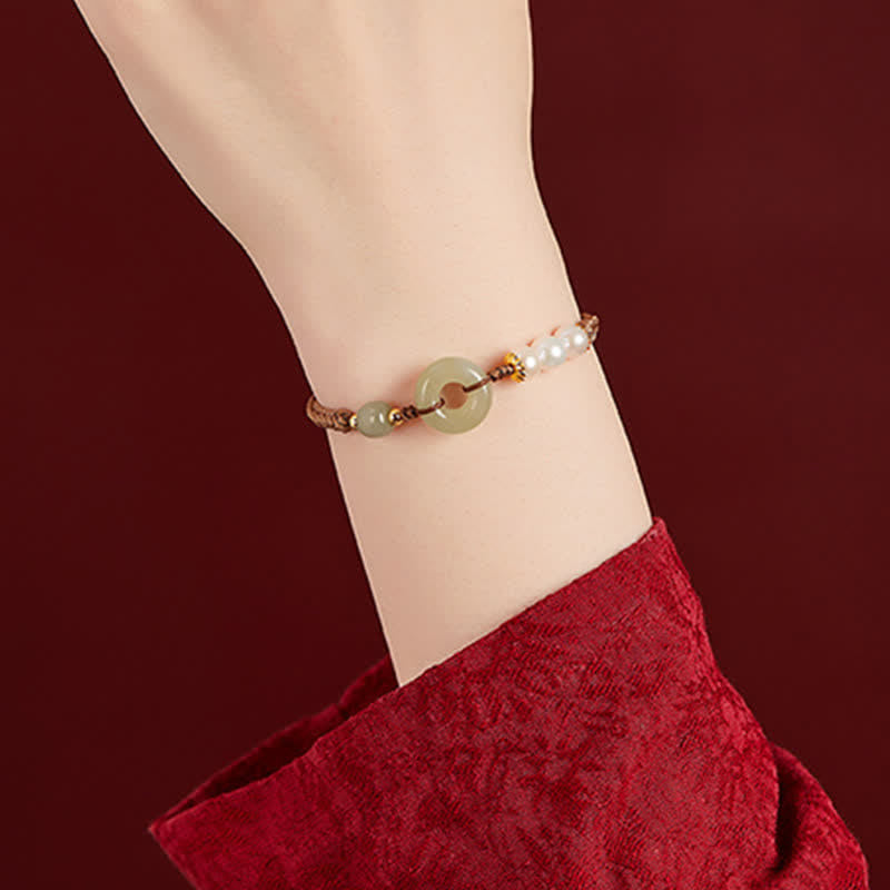 Nimara Ritual Natural Hetian Jade Pearl Peace Buckle Luck Bracelet