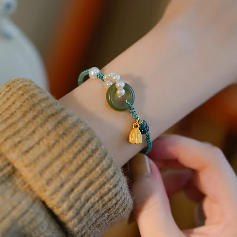 Nimara Ritual Natural Hetian Jade Peace Buckle Pearl Luck Handcrafted Braided Bracelet