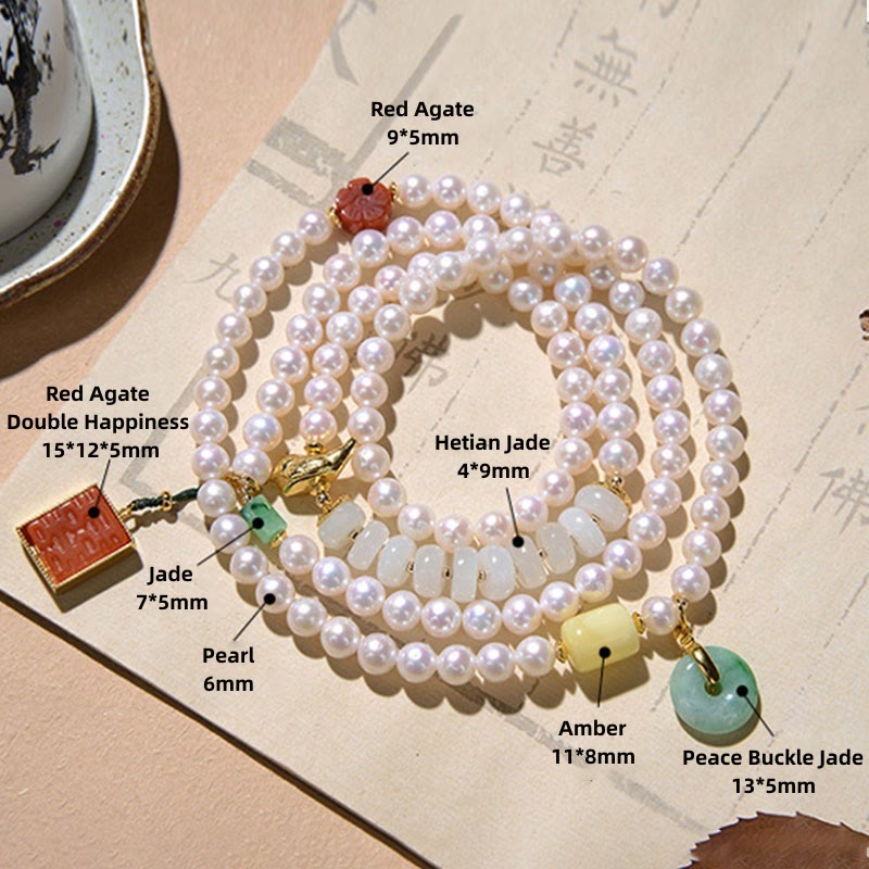 Nimara Ritual 925 Sterling Silver Pearl Hetian Jade Red Agate Double Happiness Amber Luck Quadruple Wrap Bracelet