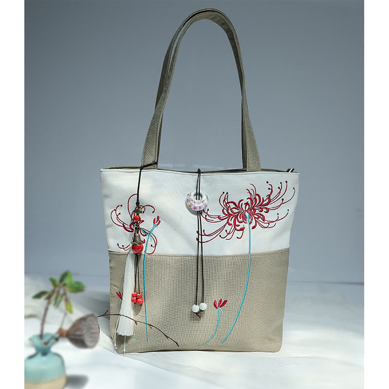 Nimara Ritual Pear Flower Plum Peach Blossom Bamboo Embroidery Canvas Large Capacity Shoulder Bag Tote Bag