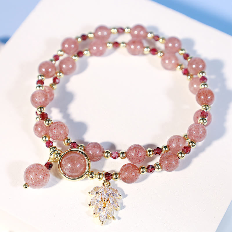 Nimara Ritual Natural Strawberry Quartz Love Healing Maple Leaf Charm Double Wrap Bracelet