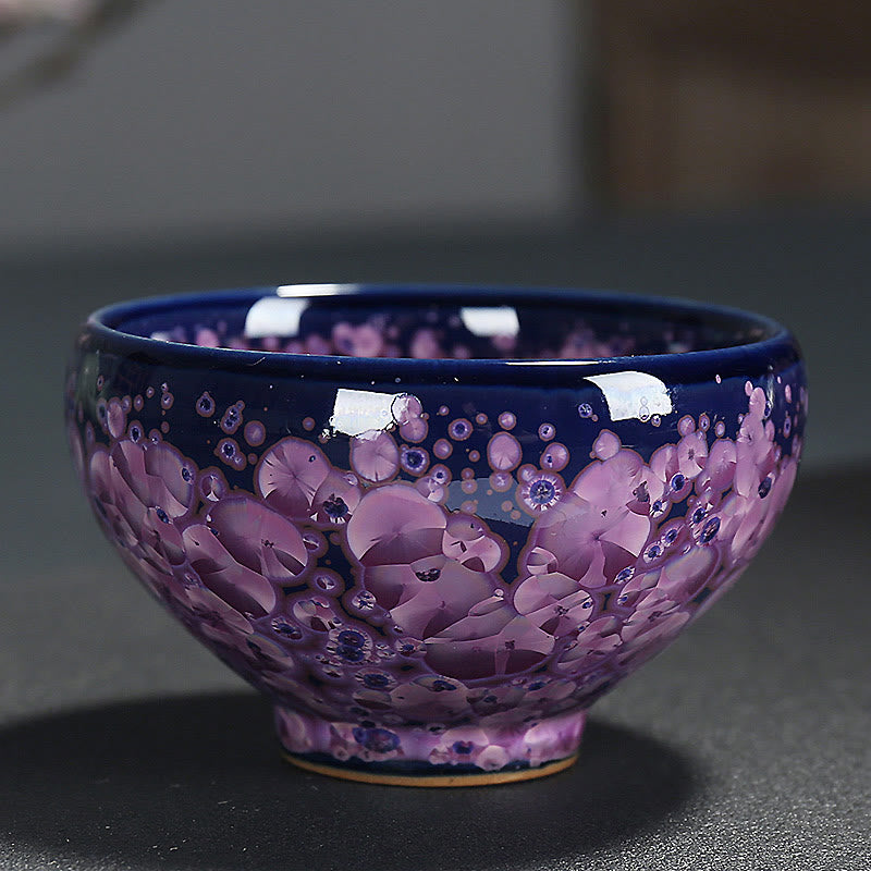 Nimara Ritual Colorful Iris Flowers Chinese Jianzhan Kiln Change Porcelain Teacup Tenmoku Kung Fu Tea Cup
