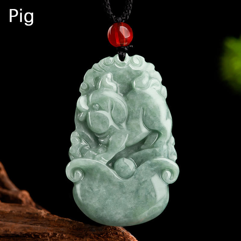 Nimara Ritual Natural Green Jade 12 Chinese Zodiac Luck Prosperity Necklace Pendant