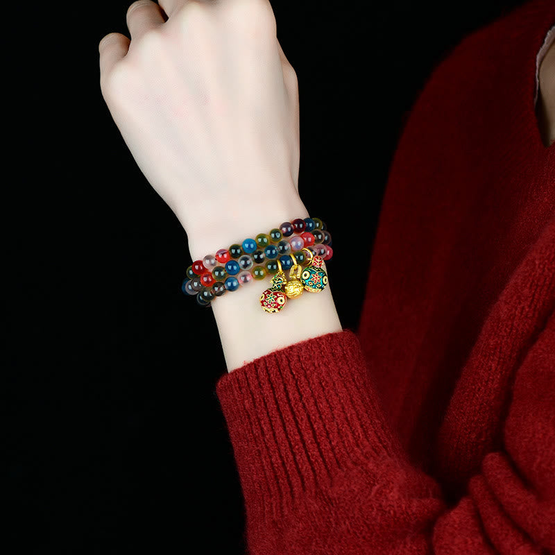 Nimara Ritual Colorful Candy Agate Gold Swallowing Beast Family Strength Charm Triple Wrap Bracelet