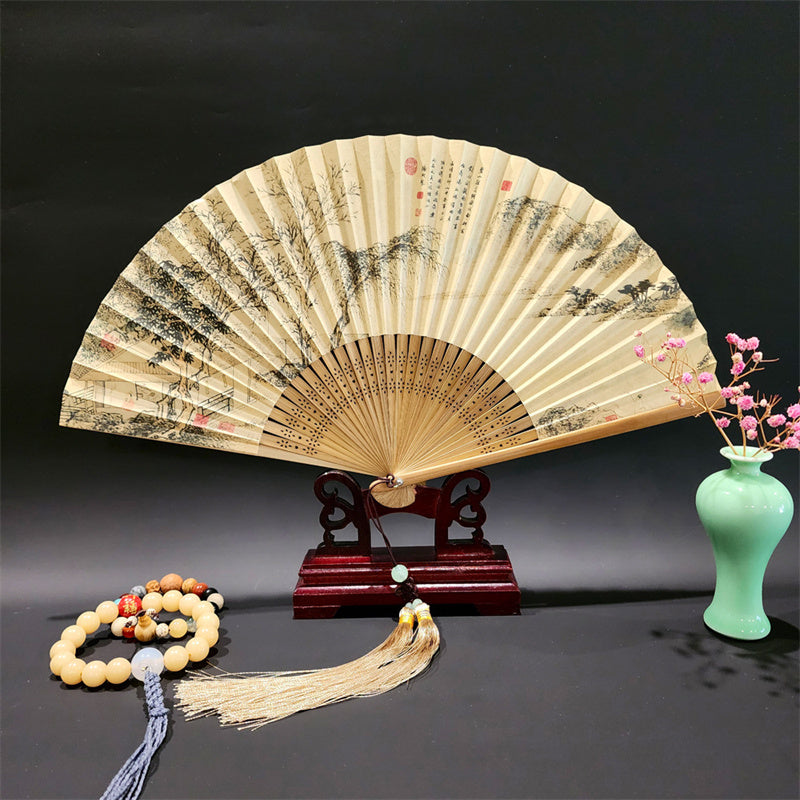 Nimara Ritual A Panorama Of Rivers And Mountains Cranes Orchid Flower Paper Bamboo Handheld Silk Bamboo Folding Fan 22cm