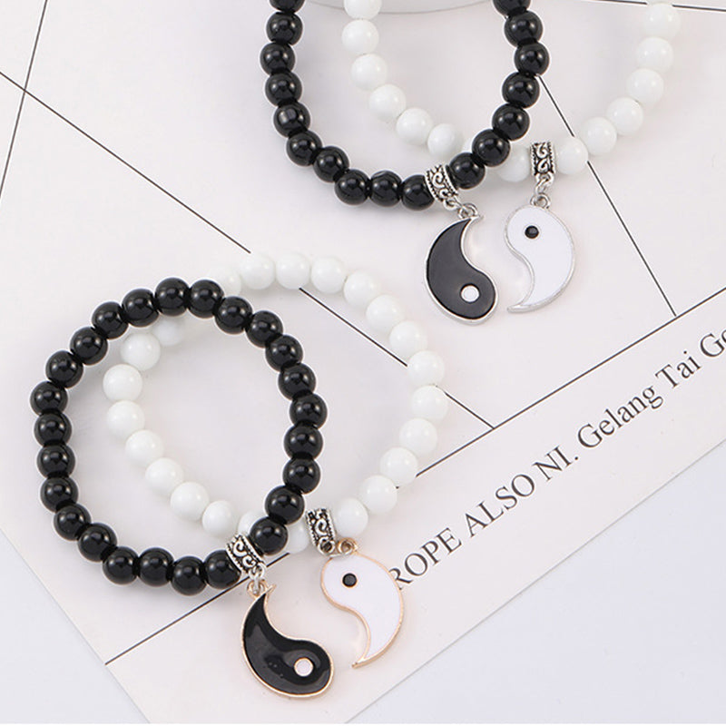 Nimara Ritual 2Pcs Black Onyx White Turquoise Bead Yin Yang Protection Couple Bracelet