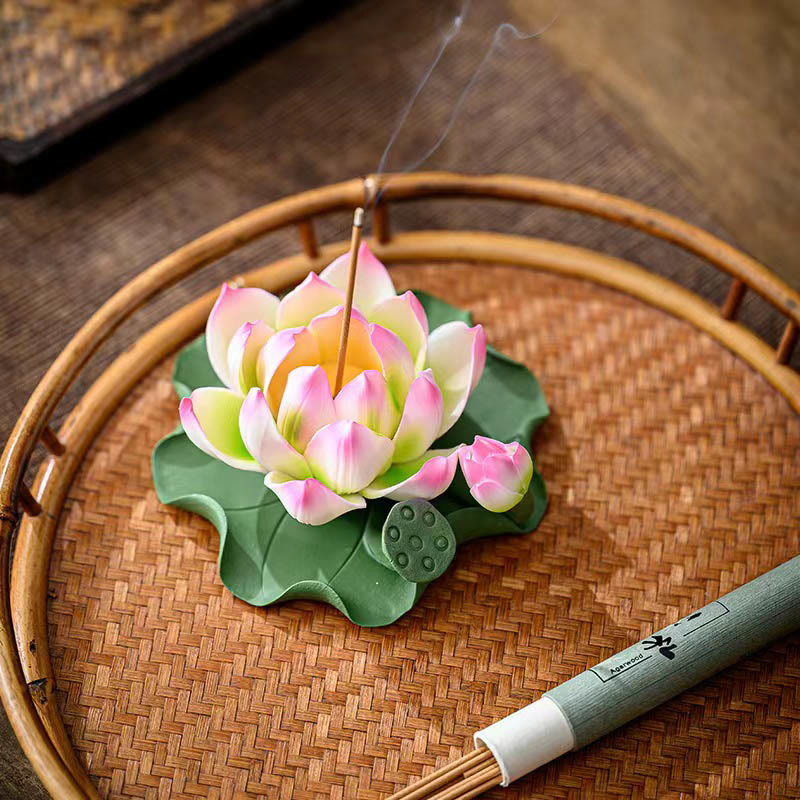 Nimara Ritual Lotus Flower Leaf Pod Spiritual Healing Ceramic Stick Incense Burner Decoration
