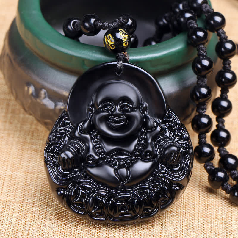 Nimara Ritual Laughing Buddha Black Obsidian Strength Protection Pendant Necklace