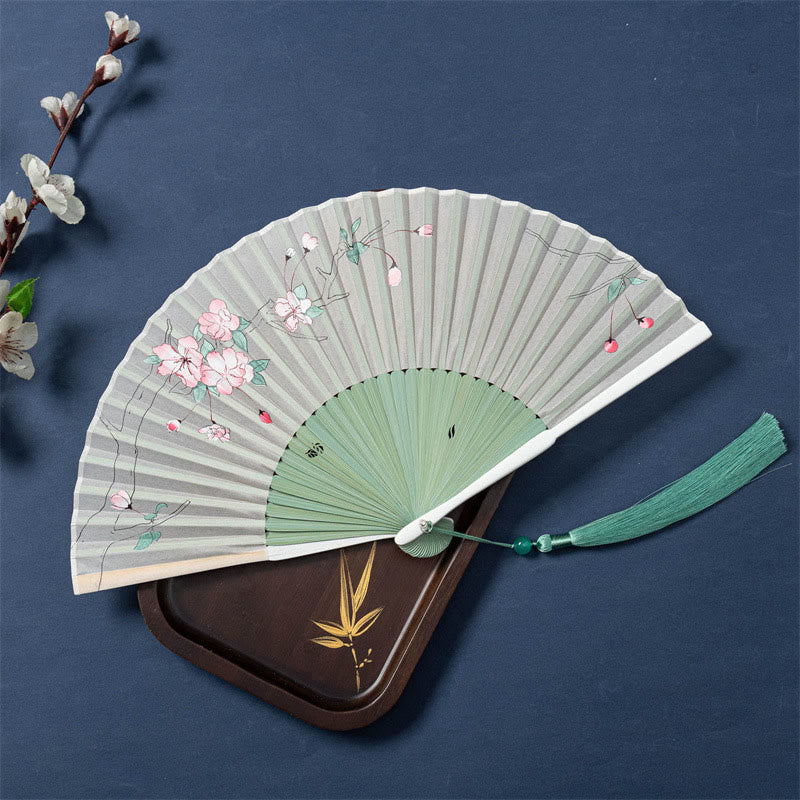 Nimara Ritual Lotus Begonia Flower Jasmine Handheld Bamboo Folding Fan 21cm