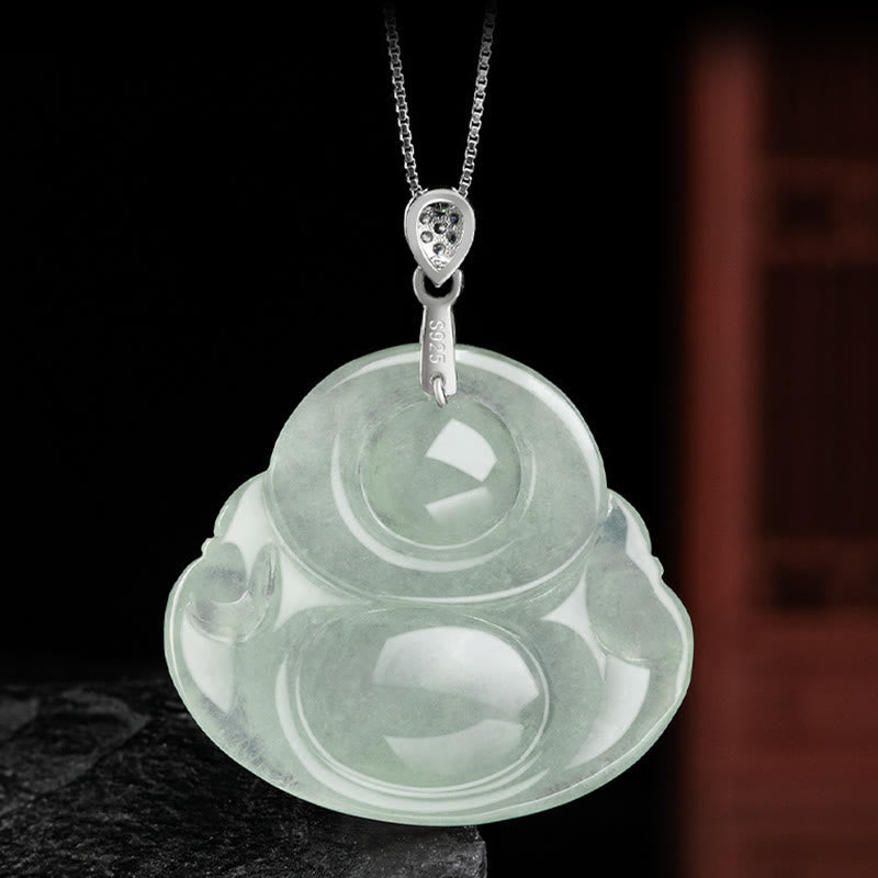 Nimara Ritual Natural Jade Laughing Buddha Prosperity Abundance Titanium Steel Chain Necklace Pendant
