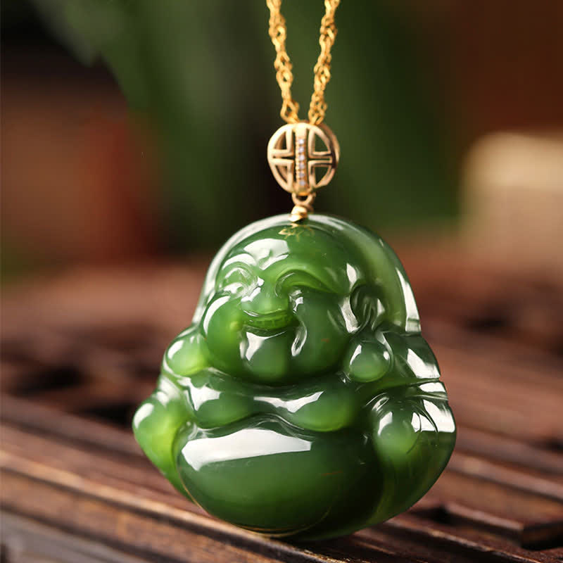 Nimara Ritual 925 Sterling Silver Laughing Buddha Hetian Cyan Jade 18K Gold Success Necklace Chain Pendant