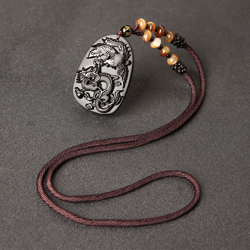 Nimara Ritual Black Obsidian Tiger Eye Dragon Phoenix Protection Beaded Necklace Pendant