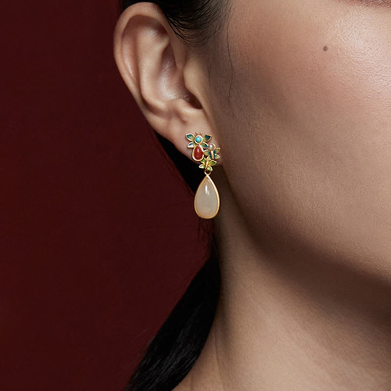 Nimara Ritual Water Drop White Jade Red Agate Butterfly Protection Drop Dangle Earrings
