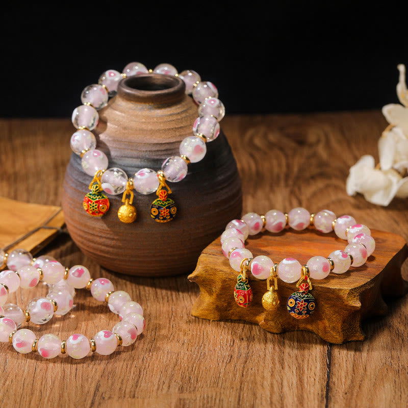 Nimara Ritual Gold Swallowing Beast Family Charm Luminous Pink Love Heart Fluorescent Liuli Glass Bead Blessings Bracelet