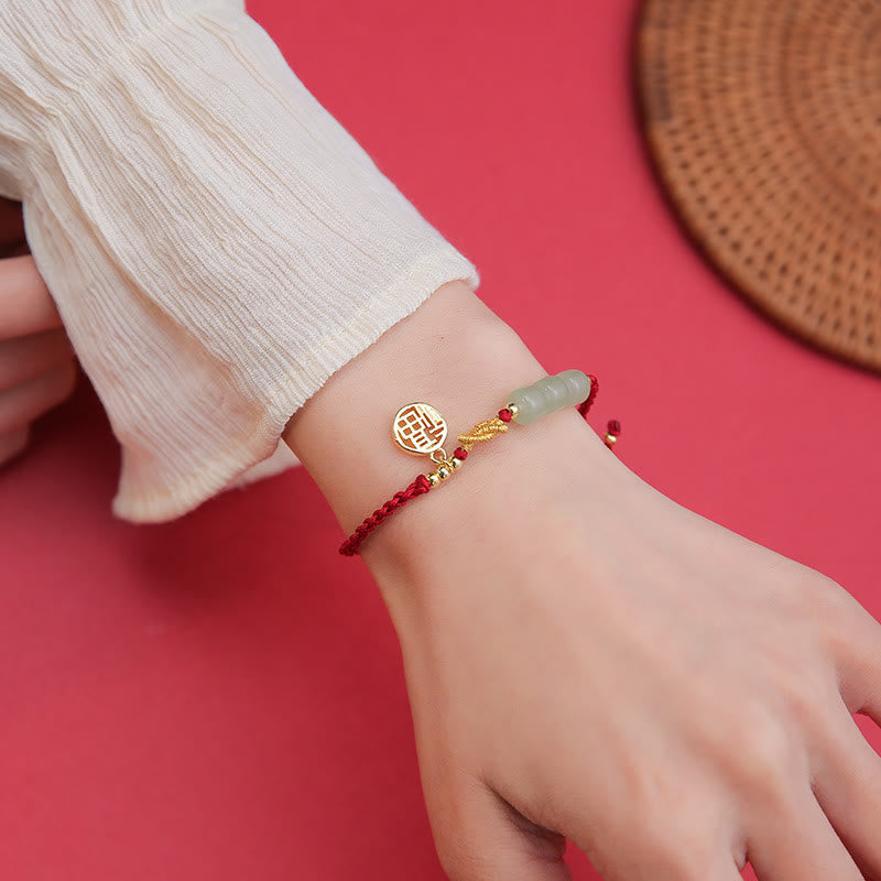 Nimara Ritual Handcrafted Jade Bead Fu Character Charm Luck Red Rope Bracelet