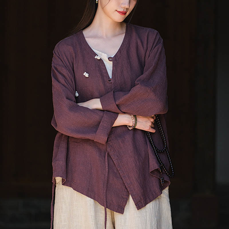 Nimara Ritual Solid Color Ramie Linen Loose Blouse Long Sleeve Shirt Chinese Hanfu Top