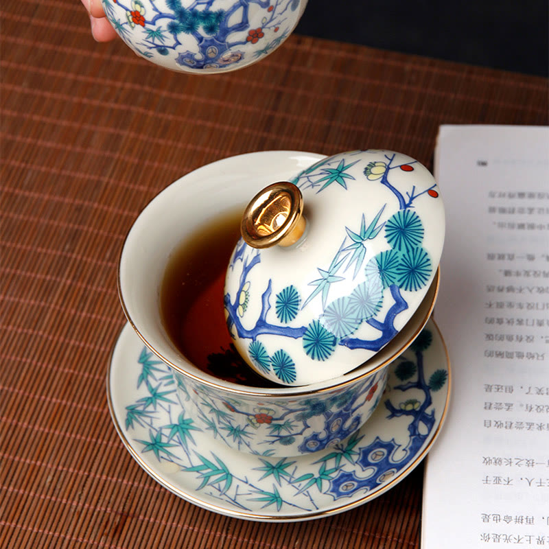 Nimara Ritual Retro Plum Blossom Pine Bamboo Phoenix Kirin Ceramic Gaiwan Sancai Teacup Kung Fu Tea Cup and Saucer with Lid