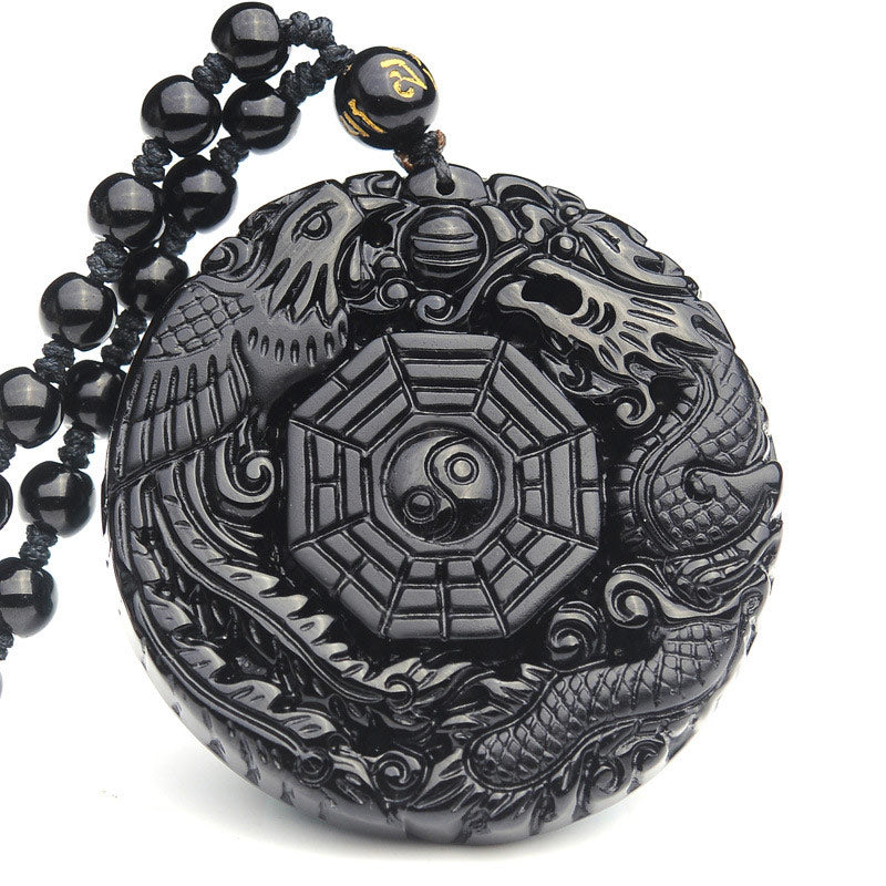Nimara Ritual Bagua Dragon Phoenix Obsidian Fulfilment Pendant Necklace