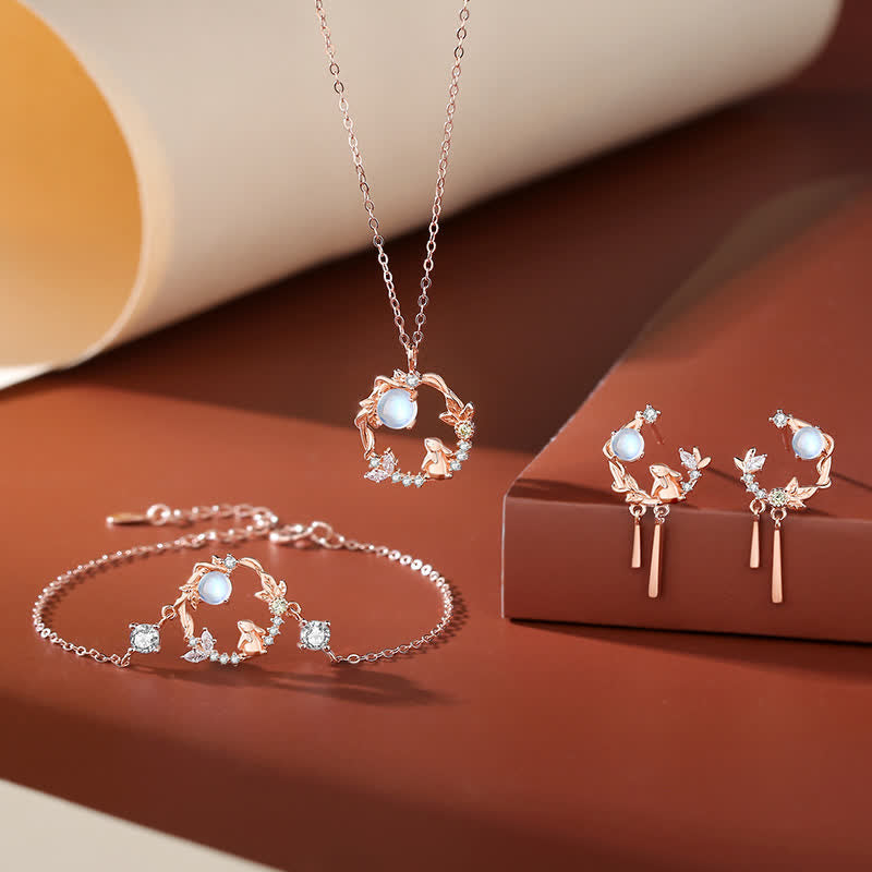 Nimara Ritual 925 Sterling Silver Year of the Rabbit Moonstone Moon Flower Pattern Necklace Pendant Bracelet Earrings