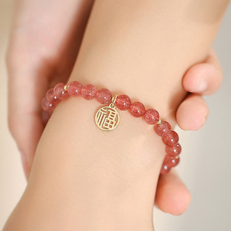 Nimara Ritual 14K Gold Plated Strawberry Quartz Fu Character Healing Charm Bracelet