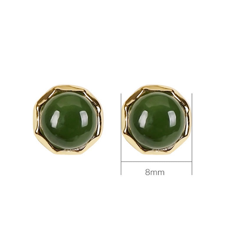 Nimara Ritual 925 Sterling Silver Plated Gold Natural Hetian Cyan Jade Bead Luck Stud Earrings