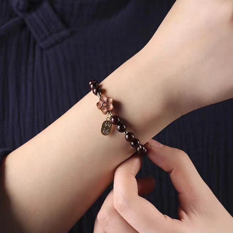 Nimara Ritual Natural Sandalwood Peach Blossom Small Leaf Red Sandalwood Ruyi Charm Protection Bracelet