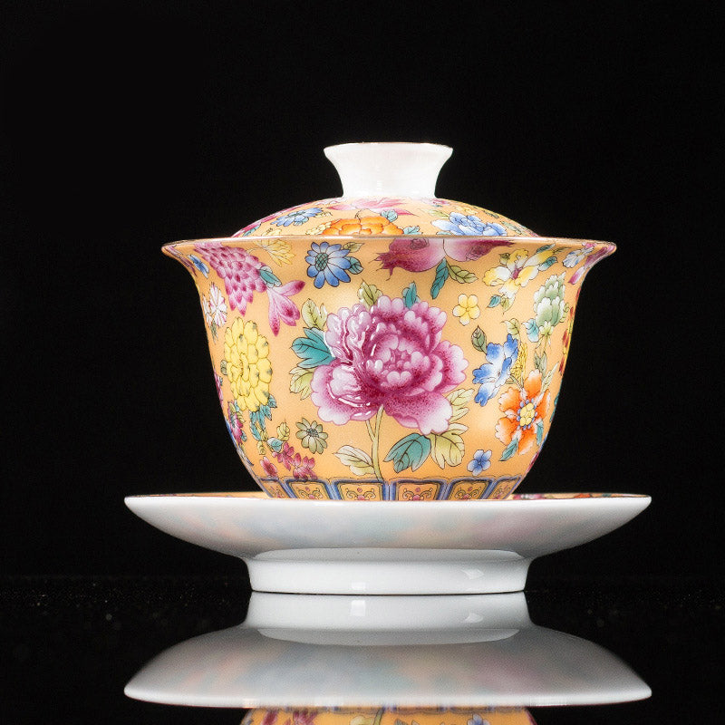 Nimara Ritual Peony Flowers Ceramic Gaiwan Sancai Teacup Kung Fu Tea Cup And Saucer With Lid