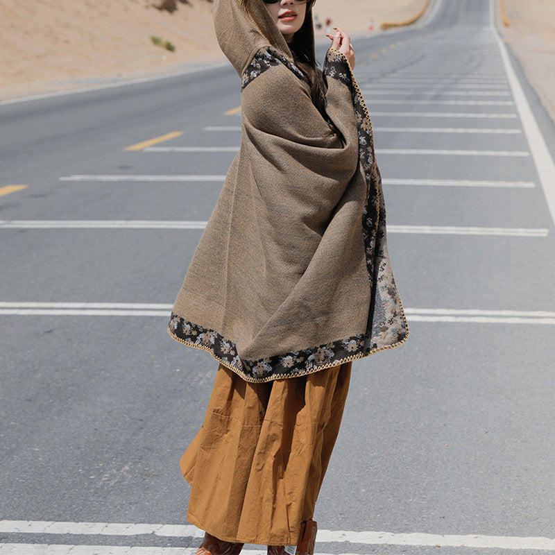 Nimara Ritual Tibetan Shawl Border Small Floral Flower Hooded Cloak Winter Cozy Travel Scarf Wrap