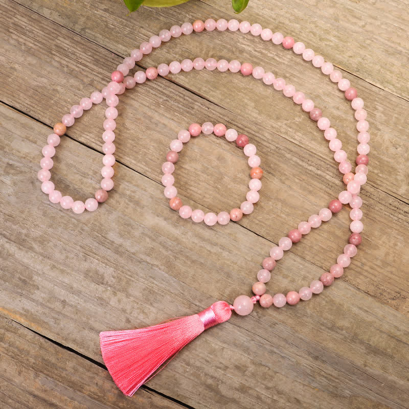 Nimara Ritual 108 Mala Beads Pink Crystal Love Tassel Bracelet