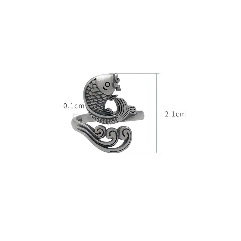 Nimara Ritual 925 Sterling Silver Koi Fish Water Ripple Luck Wealth Ring