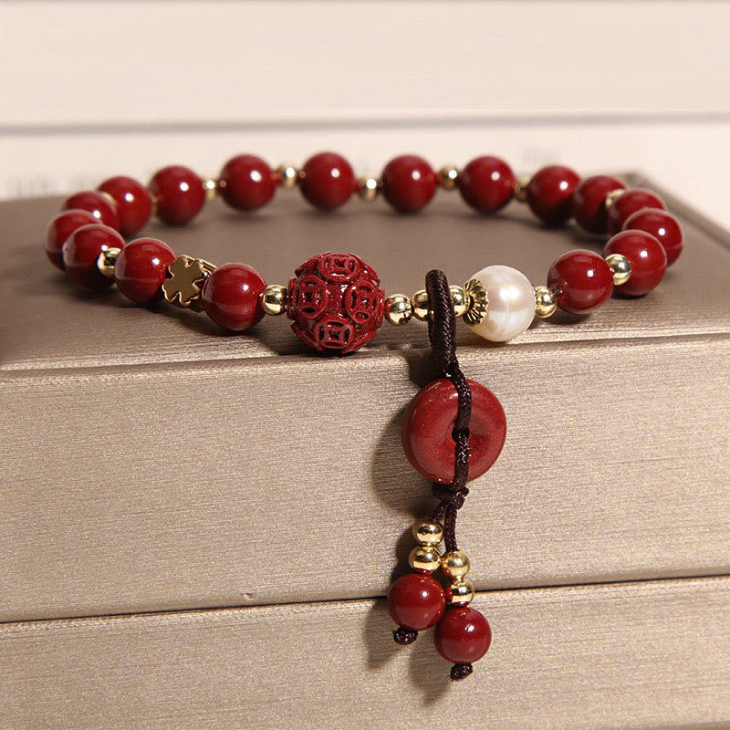 Nimara Ritual Natural Cinnabar Peace Buckle Copper Coin Charm Blessing Bracelet