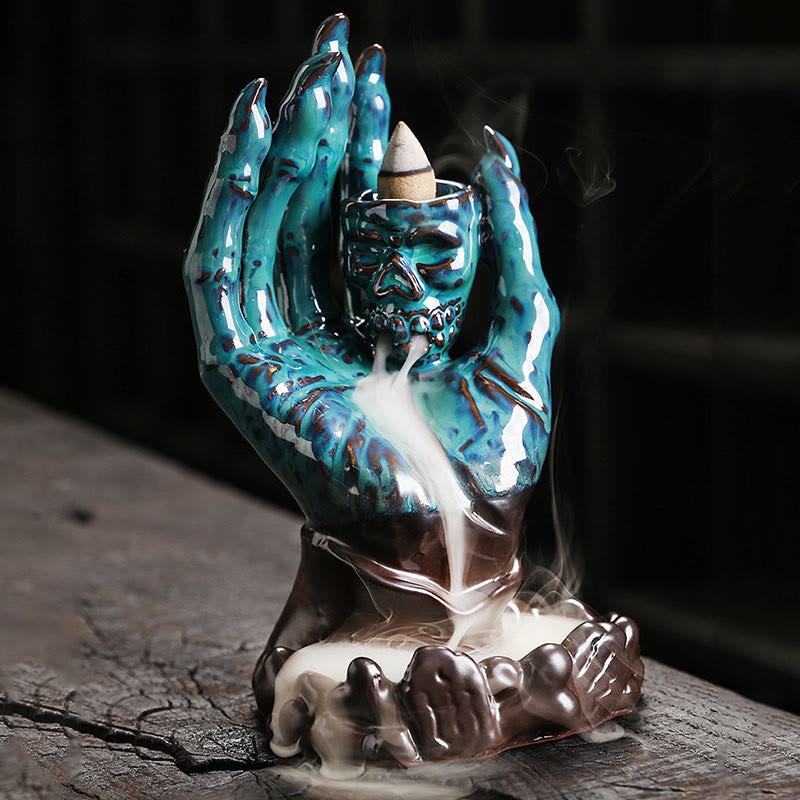 Nimara Ritual Halloween Ghost Hand Skull Head Ceramic Peace Healing Incense Burner Decoration