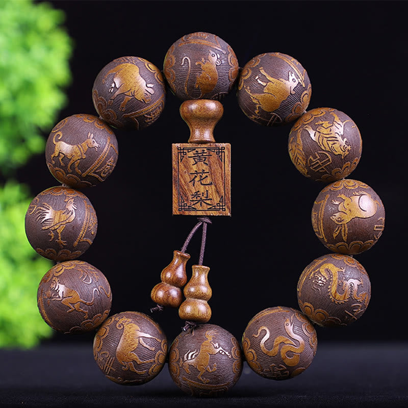 Nimara Ritual Chinese Zodiac Rosewood Ebony Copper Coin PiXiu Carved Warmth Bracelet