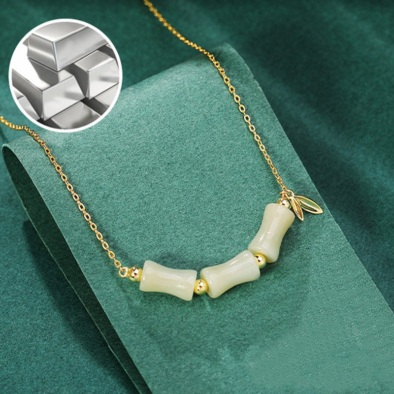 Nimara Ritual 925 Sterling Silver Hetian Jade Bamboo Fu Character Prosperity Necklace Pendant Bracelet