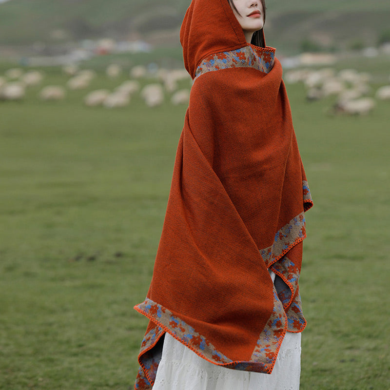 Nimara Ritual Tibetan Shawl Border Small Floral Flower Hooded Cloak Winter Cozy Travel Scarf Wrap