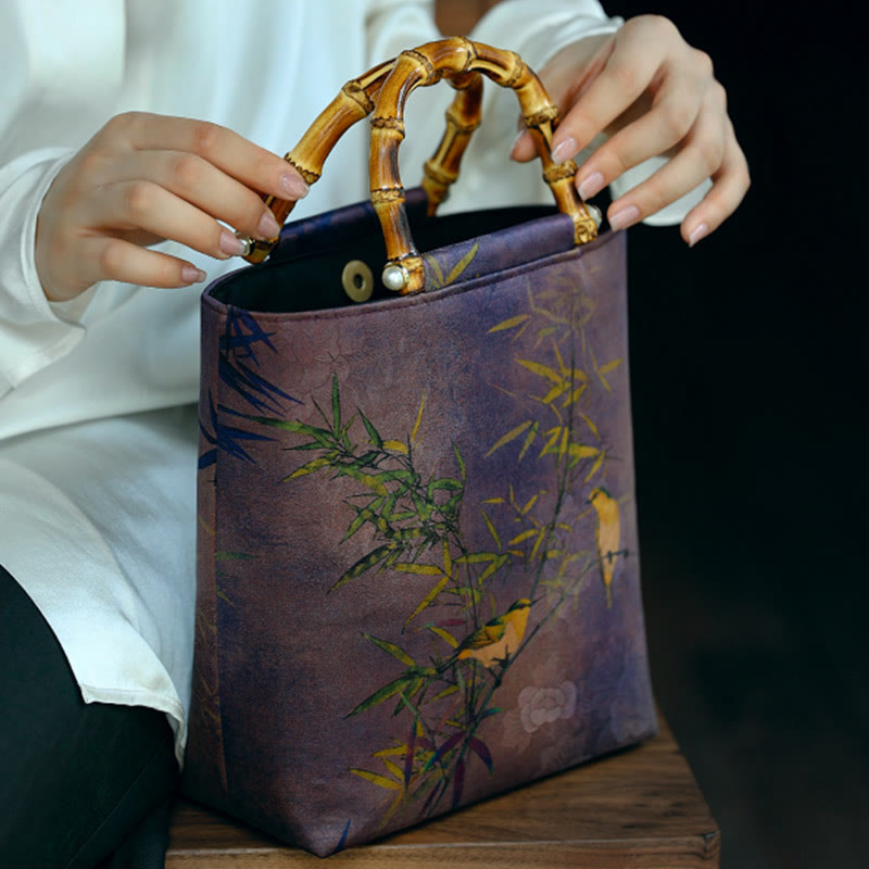 Nimara Ritual Purple Magpie Birds Branches Bamboo Handles Handbag