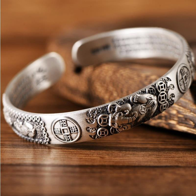 Nimara Ritual Tibetan PiXiu Heart Sutra Coin White Copper Wealth Bracelet Adjustable Bangle