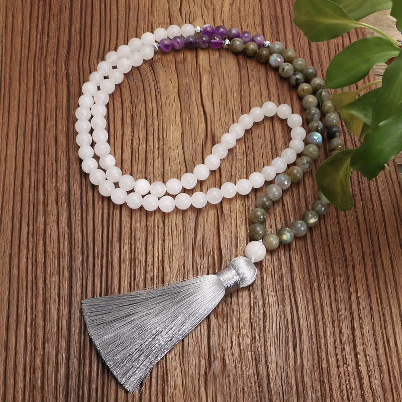 Nimara Ritual 108 Mala Beads White Agate Amethyst Black Glitter Stone Protection Bracelet