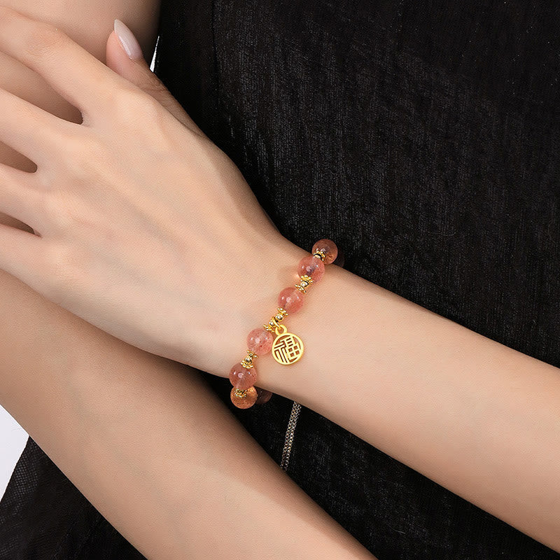 Nimara Ritual 14K Gold Plated Natural Strawberry Quartz Fu Character Positive Charm Bracelet